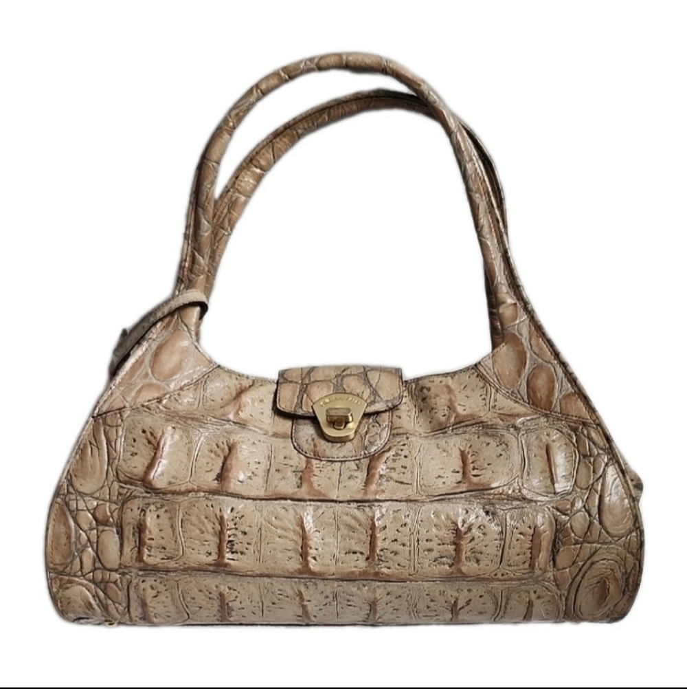 Vintage Brahmin Croc Embossed Leather Shoulder Bag Tan Hobo Gold Turnlock